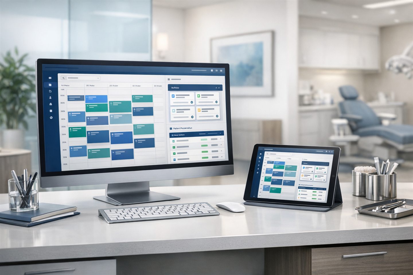 Praxissoftware f&uuml;r Leitstand, Kalender und Produktwissen in einer hochwertigen klinischen Umgebung.