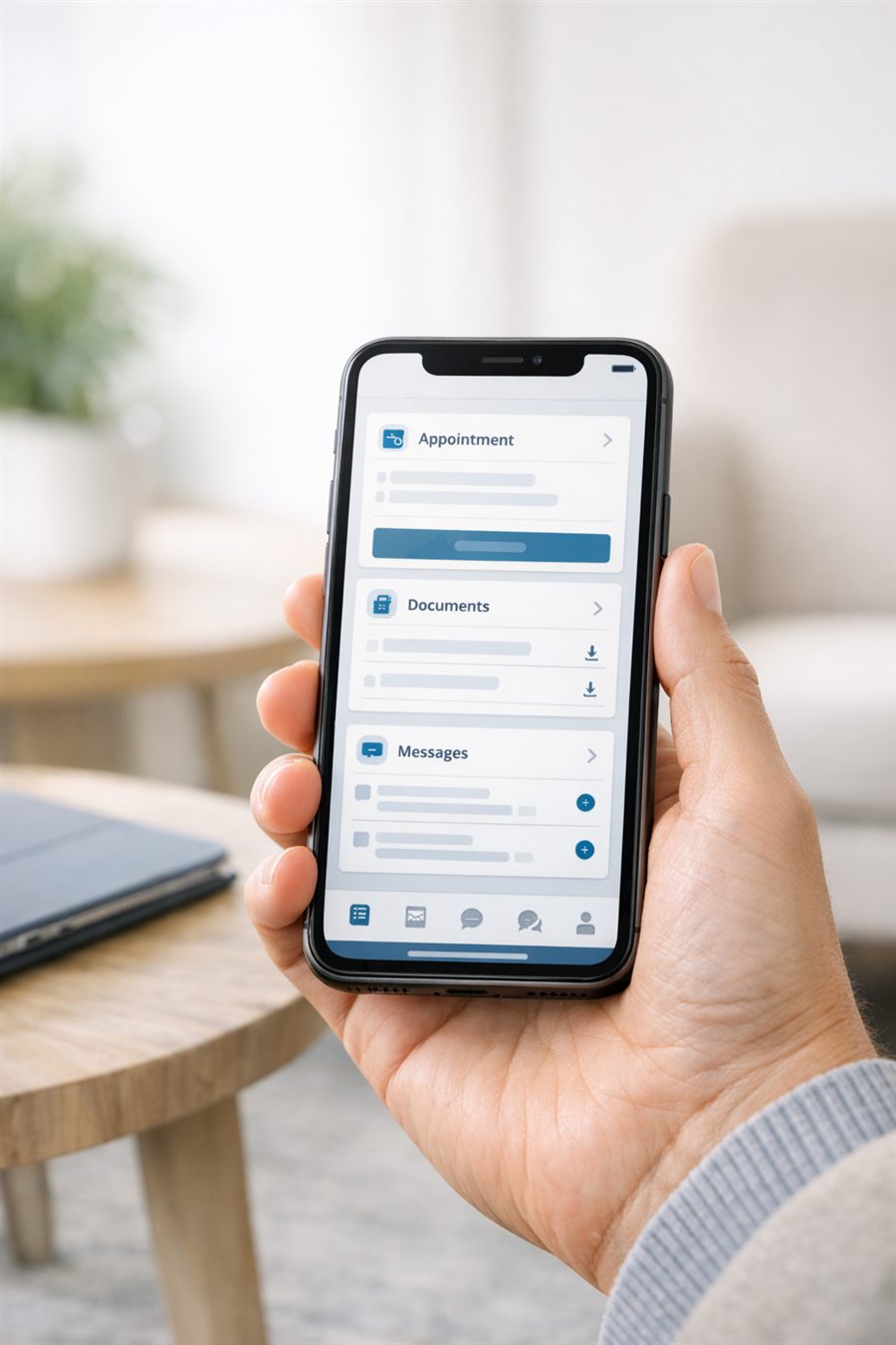 Mobiles Patientenportal in einer hochwertigen Praxisumgebung für Formulare, Uploads und sichere Interaktion.